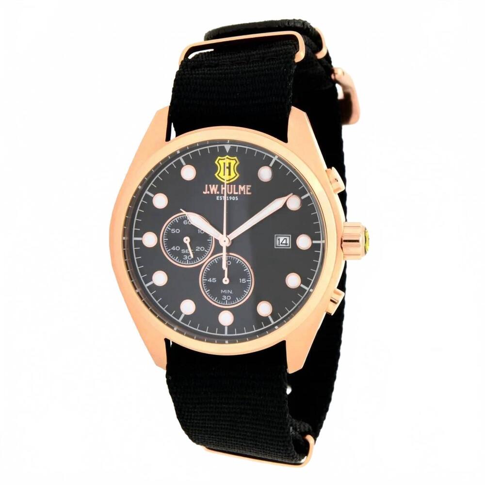 NEW J.W. HULME men's 43mm quartz chronograph nylon strap watch in rosetone
